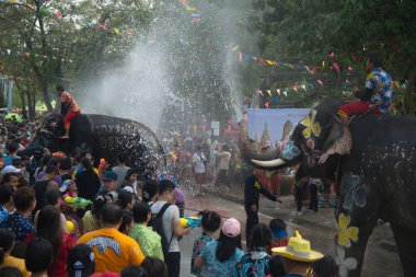 AYUTTHAYA , THAILAND - APRIL13, 2018: Elephants are using their trunks to spray water for Thai people and foreign tourists having fun. During the Songkran Festival, the traditional Thai New Year Day . At the Naresuan road in Ayutthaya city ,Thailand.