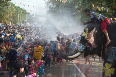 AYUTTAYA ,THAILAND - APRIL 13,2018 : Songkran Festival is celebrated in a Traditional New Year's Day from April 13 to 15, with the splashing water with elephants in Ayuttaya Province , Middle of Thailand. 