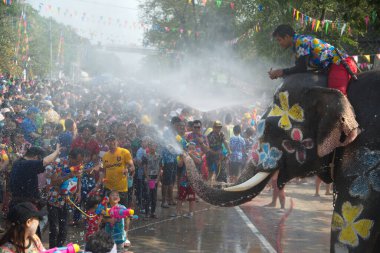 AYUTTAYA ,THAILAND - APRIL 13,2018 : Songkran Festival is celebrated in a Traditional New Year's Day from April 13 to 15, with the splashing water with elephants in Ayuttaya Province , Middle of Thailand. 
