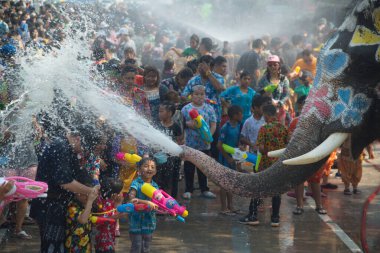 AYUTTAYA ,THAILAND - APRIL 13,2018 : Songkran Festival is celebrated in a Traditional New Year's Day from April 13 to 15, with the splashing water with elephants in Ayuttaya Province , Middle of Thailand. 