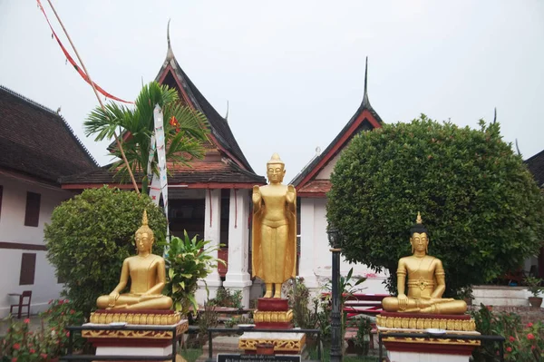 Beaucoup Bouddhas Assis Debout Dorés Mis Place Extérieur Wat Mai — Photo