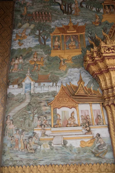 Belo Stucco Sim Arquitetura Igreja Estilo Lan Xang Mural Wat — Fotografia de Stock