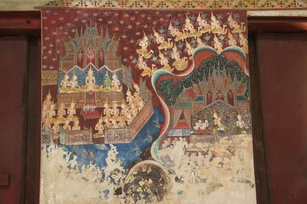 Malowidło Ścienne Wewnątrz Kościoła Wat Kongkharam Mon Ludzi Dzieła Sztuki — Zdjęcie stockowe