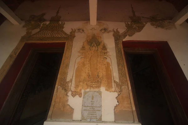 Pintura Mural Pared Dentro Iglesia Obra Arte Gente Wat Kongkharam — Foto de Stock