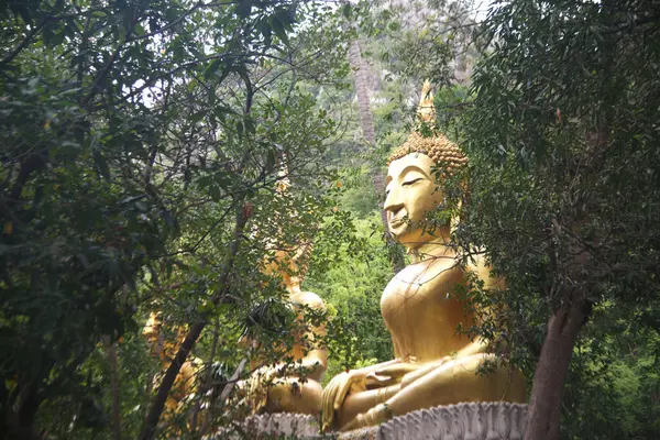 Venkovní Zlatý Buddha Socha Postoji Sedí Zakotvena Chrámu Prostoru Wat — Stock fotografie