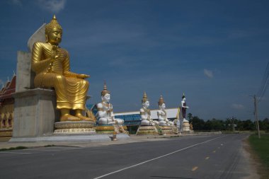 Wat Charoenratbamrung Kilisesi veya Wat Nong Pong Nok Tapınağı 'nın önünde güzel bir şekilde duran açık havada büyük Buda altın ve beyaz. Tayland 'ın Nakhon Pathom Eyaleti' nde yer alıyor..