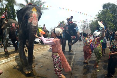 AYUTTHAYA, THAILAND -13 Nisan 2024: Tanımlanamayan turistler ve Taylandlılar plastik tabanca veya kase kullanarak fillere su sıçratmada birleşiyorlar. Tayland 'daki Ayutthaya Tarih Parkındaki Songkran Festivali' nde iyi eğlenceler..