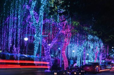 BANGKOK, THAILAND - 21 ARALIK 2024: Aydınlatma Bangkok Festivali 'nde Khlong Padung Krung Kasem' de bir ağacı asan güzel bir açık hava ipliği aydınlatılmış ışık.