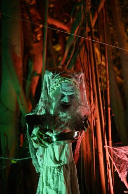 CHACHOENGSAO, THAILAND - 31 Ekim 2024: Korkunç Cadı gece Somdej Phra Srinakarin parkında ikinci Cadılar Bayramı etkinliğine geldi.