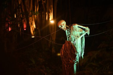 CHACHOENGSAO, THAILAND - 31 Ekim 2024: Korkunç hayalet iskeletleri Somdej Phra Srinakarin parkındaki 2. Cadılar Bayramı etkinliğinde ortaya çıktı.