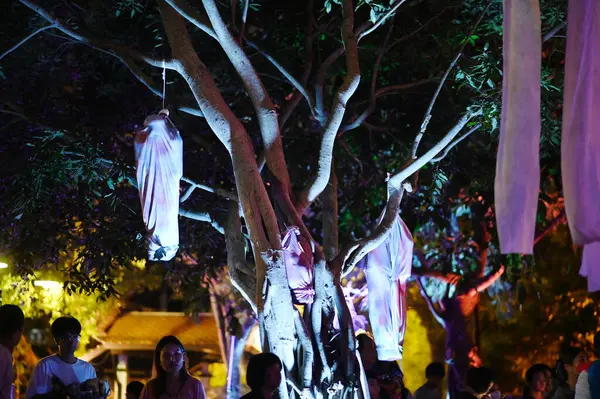 CHACHOENGSAO, THAILAND - 31 Ekim 2024: ceset bir ağaca asıldı. Korkunç hayalet iskeletleri Somdej Phra Srinakarin parkındaki 2. cadılar bayramı etkinliğinde ortaya çıkıyor.. 