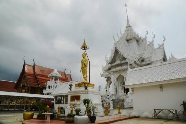 Wat Nong Yai 'de bir köşkün önündeki altın sarısı ayakta duran Buda. Tayland 'ın Chon Buri eyaletinde yer almaktadır..