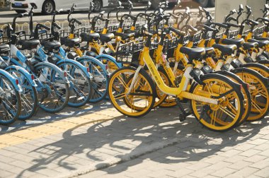 XI 'AN' S, CHINA - 22 Haziran 2023: Bisiklet grupları Xi 'an şehrinde kamuya açık bir park alanında düzenlenmiştir..