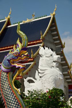 Tayland sanatında hayvan olan Naga ve Singha heykelleri, Wat Den Sali Mueang Kaen tapınağındaki ibadet salonu ve şapelin önünü dekore eder. Tayland 'ın Cheng Mai şehrinde yer almaktadır..