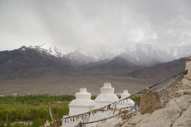Shey Sarayı 'nda birçok Budist beyaz stupa ve Himalayalar var. Ladakh, Hindistan 'da ünlü bir Tibet tapınağı..