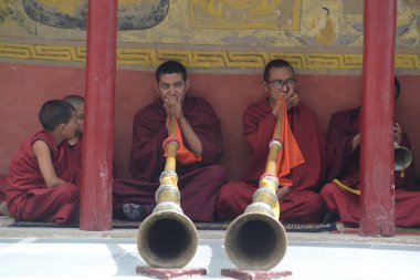 LEH, INDIA - Mayıs 2019: Kültürel açıdan zengin, ruhani ve adanmış bir atmosferde düzenlenen ruhani tören sırasında geleneksel Tibet boynuzu veya Dangchen enstrümanının bir parçası olarak Budist bir keşiş grubu. 