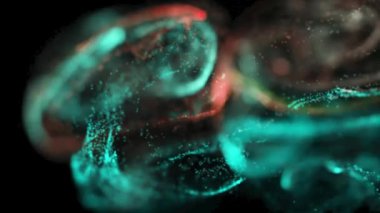 Renkli parçacıkların patlayan neon akışkan arka planı. Sıvı hareketi, suya karışan mürekkep damlaları. Parçacık sıvısı hareketi. Destansı giriş ve açılış. Portföyümüzde daha fazla element.