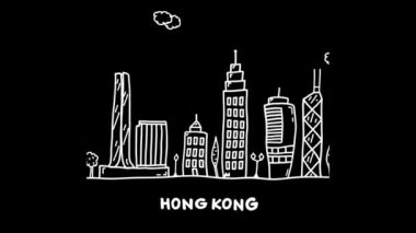 Hong Kong manzarası kendini çizim hatları. El animasyon metin ve kurdele ile alt merkezinde çekilmiş. Seyahat pazarlama iş ve Blog kampanyalar Trailer fikri.