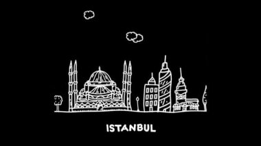 İstanbul 'un ufuk çizgisi illüstrasyonunun animasyon çizimi. Avrupa 'da modern şehir basit doğrusal video tasarım konseptiyle. Türkiye 'nin büyük şehirlerinden biri. Simgesel mimari yapı tasarım videosu.