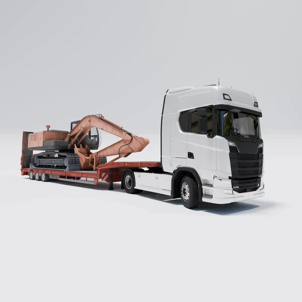 Semi Truck with Lowboy Platform Trailer 3D rendering on white background carrying an Excavator