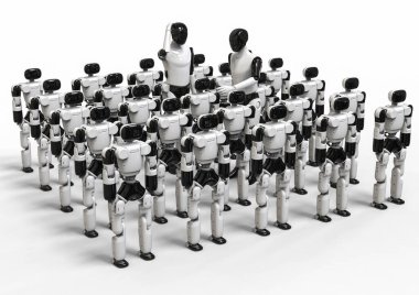 Mini robotları eğiten iki insansı robotu temsil eden 3D görüntüleme