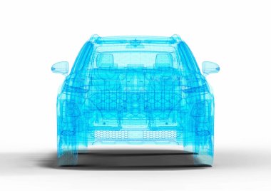 Bir SUV hologramını temsil eden mavi kablo çerçeveli bir arabanın 3D görüntüsü.