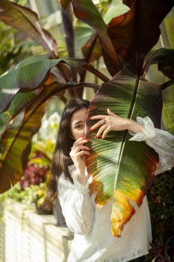 Neşeli genç bir kadın, neşeli yüzünü canlı yeşil bir yaprağın arkasında, yemyeşil bir serada zekice gizliyor.