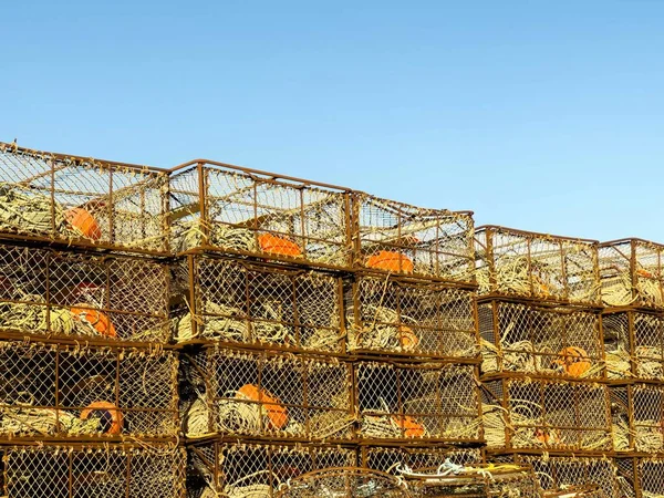 Close up of nets or cages used in commercial crabbing on dock in Kodiak, Alaska.