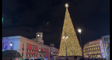İspanya 'nın başkenti Madrid' de Noel tatili boyunca aydınlatılmış Noel ağacına hayran kalarak gece Puerta del Sol Meydanı 'nda toplanan kalabalık