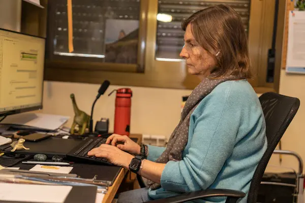 Masasında dinozor, fok ve mikrofon figürleriyle ev ofisinden çalışarak klavyeye yazı yazan olgun bir kadın.