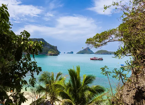 Ulusal parktaki adalardan birinin yamacından ufuk boyunca dağılmış uzak adaların nefes kesici manzarasının tadını çıkarabilirsiniz. Sahnenin ortasında bir gemi, parlak turkuaz sular, ön planda yemyeşil yapraklar..