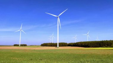 Ağaçlar ve doğa ile çevrili güneşli bir tarlada bir rüzgar türbini yükseliyor. Dönen bıçaklar yenilenebilir enerjiyi ve sürdürülebilirliğe bağlılığı temsil ediyor..