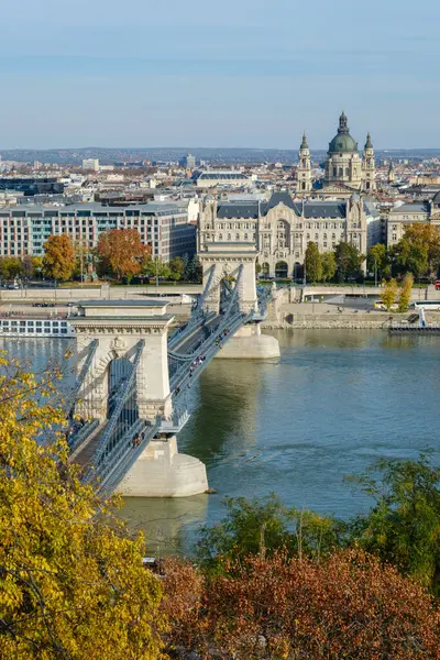 Bu çarpıcı görüntü Tuna Nehri 'ni kaplayan Zincir Köprüsü' nü, Budapeşte 'nin tarihi mimarisi ve canlı düşen yapraklarının bir zeminiyle yakalıyor. Sahne açık bir sonbahar gününde şehrin güzelliğini gözler önüne seriyor..