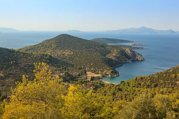 Yunanistan 'ın turkuaz suları boyunca uzanan kayan tepeler ve sakin bir sahil şeridi olan Peloponnese manzarası. Bereketli yeşillik okyanusla güzel bir tezat oluşturuyor. Huzurlu bir doğal ortam yaratıyor..
