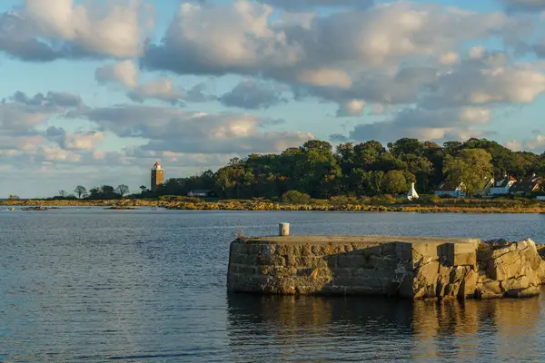 Sakin sulara uzanan kayalık bir iskeleden oluşan sakin bir kıyı manzarası, sahilde uzak bir deniz feneri ve yemyeşil ile, Svaneke, Bornholm, Danimarka 'da huzurlu bir sahil ortamının özünü yakalıyor..