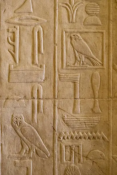 Bu resim, çeşitli sembol ve kuşları tasvir eden eski Mısır hiyerogliflerinin karmaşık oymalarını içerir. Detaylı tasarımlar, antik Mısır 'da kullanılan sanatsal ve iletişim yöntemlerini gözler önüne seriyor..