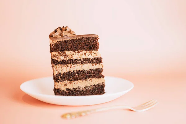 Кусок Шоколадного Торта Круглой Тарелке Вилкой Розовом Фоне — стоковое фото