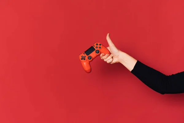 Gamepad Lady Hand Red Background — Stock Photo, Image
