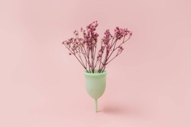 In a green menstrual cup, dry red flowers against a pink background.