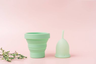 Menstrual cups with a case and dry plants against a pink background.