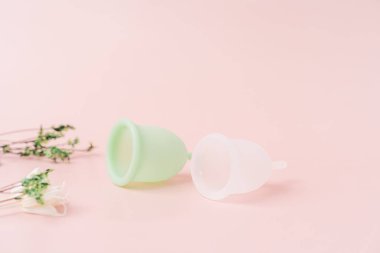 Green and white menstrual cup on a pink background next to dry plants.
