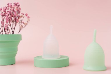 Menstrual cups on green podium next to red dry flowers in power case against pink background.