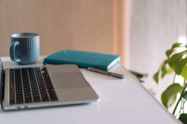 Laptop with coffee cup on desktop with notepad and home plants.