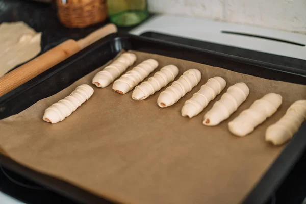 Arranged Sausages Dough Baking Sheet Parchment Paper — Stock Photo, Image