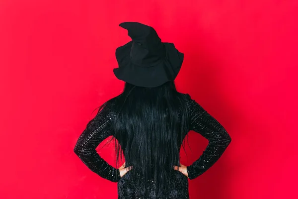 Ledy Witch Costume Keeps Her Hands Her Hips Facing Red — Stock Photo, Image