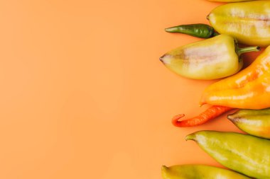 Turuncu arka planda olgun biber hasadı tek yönde..