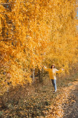 Sarı örgü süveterli ve şapkalı bir bayan sarı huş ağaçlarının altında duruyor..