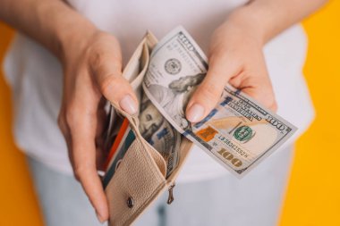 Sarı arka planda beyaz bir cüzdana dolar koyan bir kadın..
