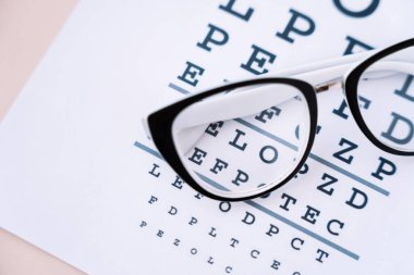 Snellen tablosunda siyah çerçeveli görüş gözlükleri yakın plan..