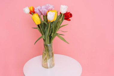 Cam vazodaki lale buketi pembe arka planın karşısındaki beyaz yuvarlak masada..